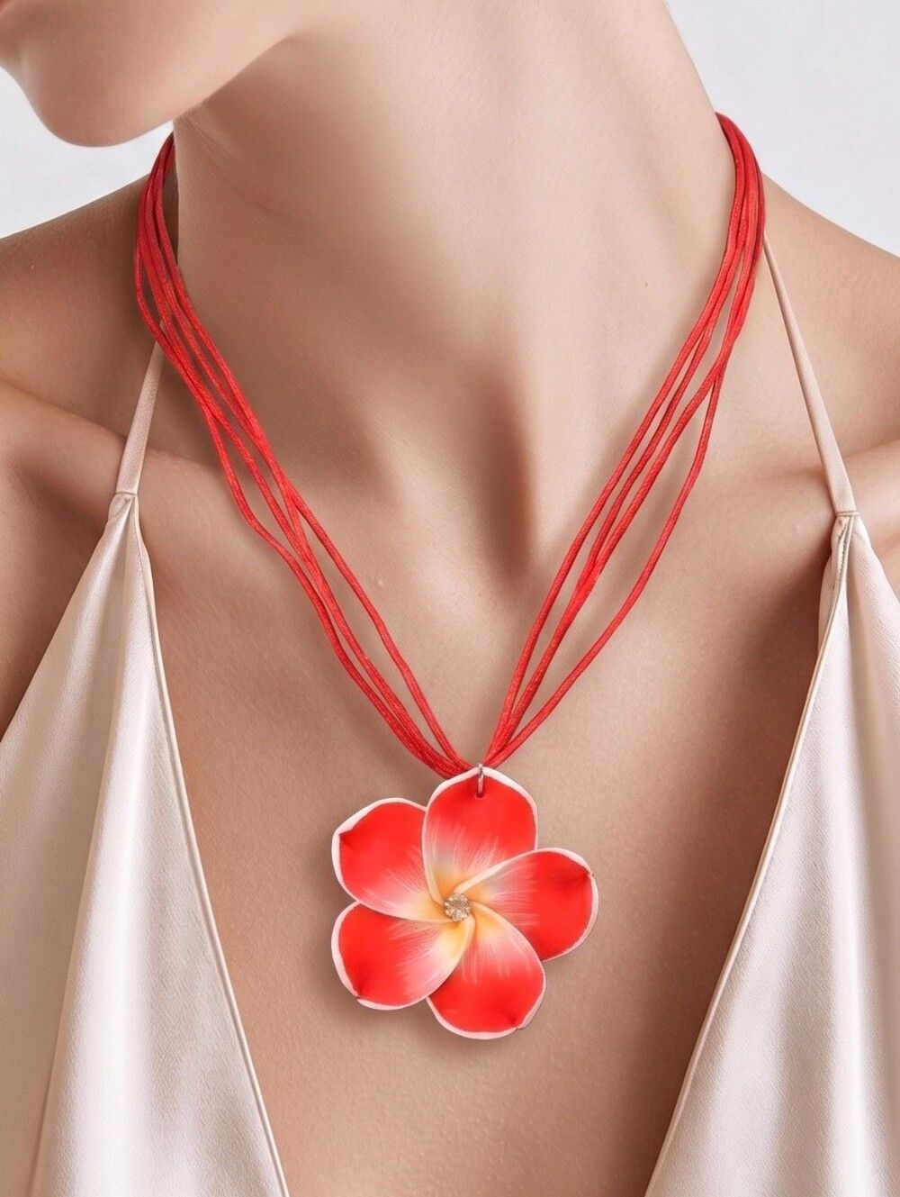 Red Plumeria Flower Necklace Tropical Hawaiian Floral Cord Pendant Island Girl